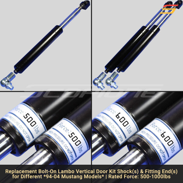 Bolt On Lambo Vertical Door Kit Shocks & Fittings for 94-04 Mustang - 12 1/4" - 500 to 1000lbs - Image 3