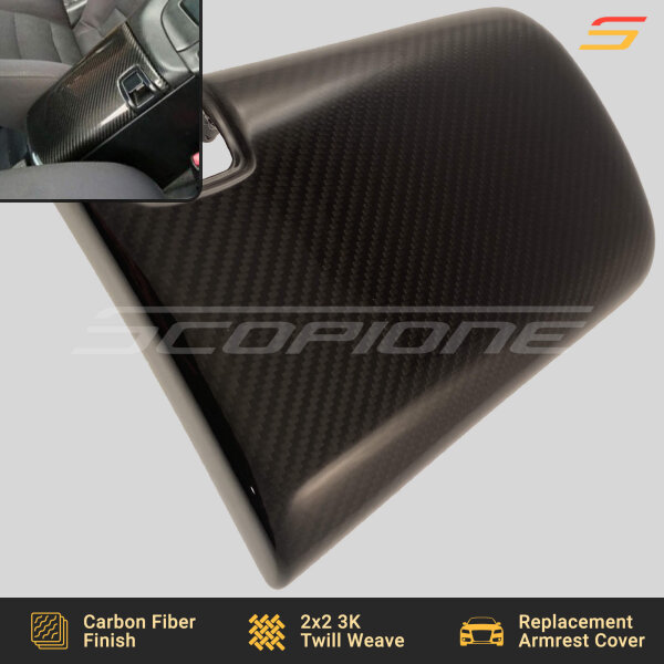 Close-up of the Scopione Carbon Fiber Console Armrest Cover for Toyota Supra MK4 (JZA80, 1993-1998) RHD, showcasing its precision carbon fiber weave and high-gloss finish.