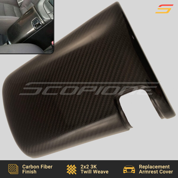 Top profile of the Scopione Carbon Fiber Console Armrest Cover for Toyota Supra MK4 (JZA80, 1993-1998) RHD, featuring a high-gloss finish and aerodynamic design.