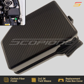 Scopione Carbon Fiber Engine Relay Fuse Box Cover Cap for Toyota Supra MK4 (JZA80, 1993-1998) 2JZGTE, featuring a high-gloss finish and lightweight durability.