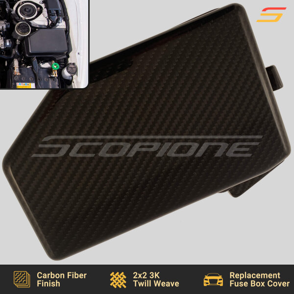 Close-up of the Scopione Carbon Fiber Engine Relay Fuse Box Cover Cap for Toyota Supra MK4 (JZA80, 1993-1998) 2JZGTE, showcasing the precise carbon fiber weave and high-gloss finish.