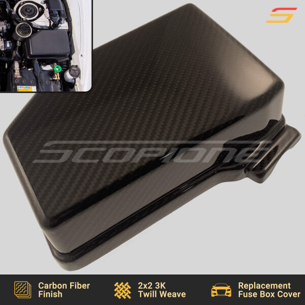 Angled view of the Scopione Carbon Fiber Engine Relay Fuse Box Cover Cap for Toyota Supra MK4 (JZA80, 1993-1998) 2JZGTE, showcasing its high-gloss finish and precision fitment.