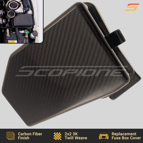 Top profile of the Scopione Carbon Fiber Engine Relay Fuse Box Cover Cap for Toyota Supra MK4 (JZA80, 1993-1998) 2JZGTE, highlighting its contoured shape and lightweight carbon fiber design.