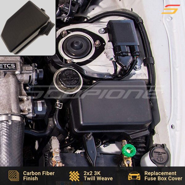 Installed Scopione Carbon Fiber Engine Relay Fuse Box Cover Cap on a Toyota Supra MK4 (JZA80, 1993-1998) 2JZGTE, displaying seamless fitment and JDM-inspired aesthetics.