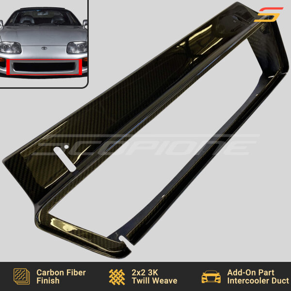 Close-up of the Scopione Carbon Fiber Engine Intercooler Duct Vent Scoop for Toyota Supra MK4 (JZA80, 1993-1998) 2JZGTE, showcasing its precision carbon fiber weave and high-gloss finish.