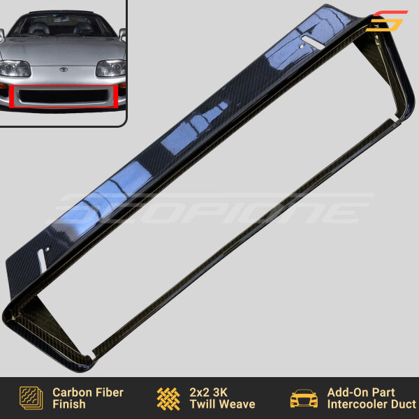 Top profile of the Scopione Carbon Fiber Engine Intercooler Duct Vent Scoop for Toyota Supra MK4 (JZA80, 1993-1998) 2JZGTE, showcasing its lightweight construction and OEM-style fitment.