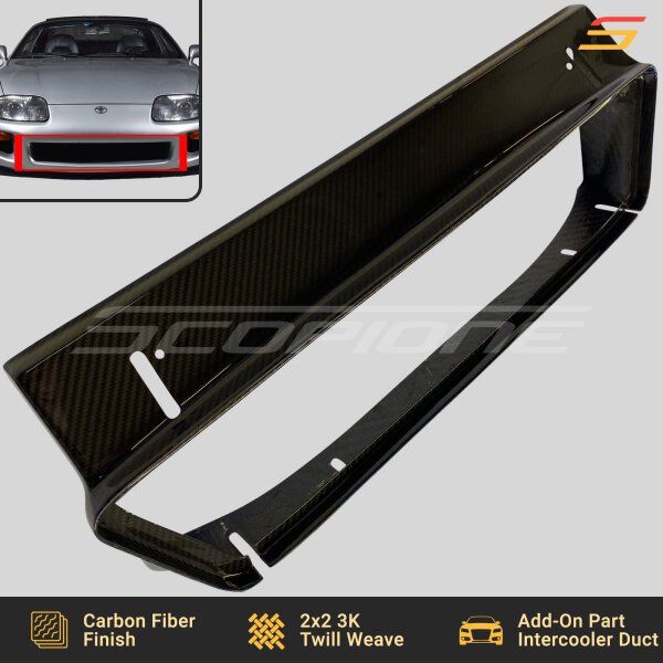 Angled view of the Scopione Carbon Fiber Engine Intercooler Duct Vent Scoop for Toyota Supra MK4 (JZA80, 1993-1998) 2JZGTE, highlighting its aerodynamic design and high-gloss carbon fiber finish.