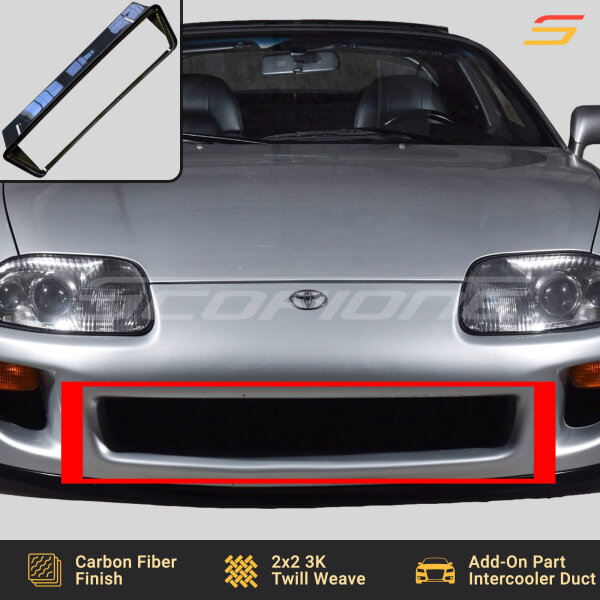 Installed Scopione Carbon Fiber Engine Intercooler Duct Vent Scoop on a Toyota Supra MK4 (JZA80, 1993-1998) 2JZGTE, demonstrating perfect fitment and enhanced cooling efficiency.