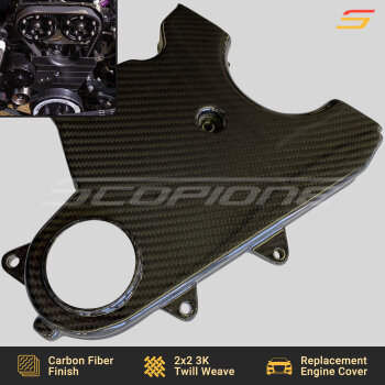 Close-up of a Toyota Supra MK4 2JZGTE Carbon Fiber Lower Timing Belt Cover by Scopione, featuring a high-gloss finish and precision fitment for the Supra A80 engine bay.