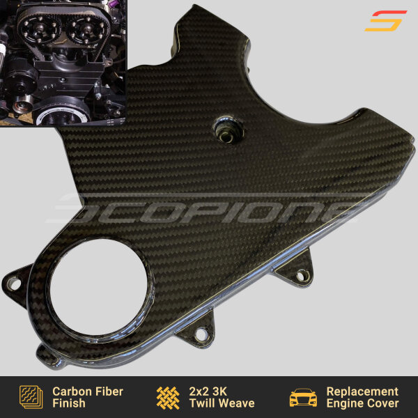 Close-up of a Toyota Supra MK4 2JZGTE Carbon Fiber Lower Timing Belt Cover by Scopione, featuring a high-gloss finish and precision fitment for the Supra A80 engine bay.