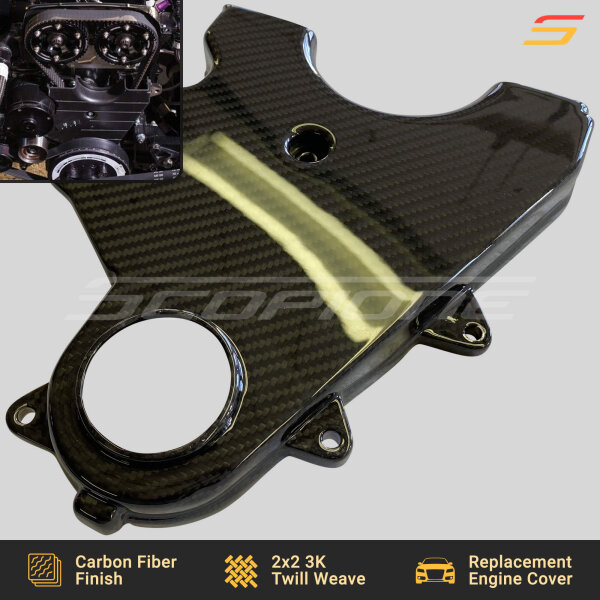 High-quality carbon fiber lower timing belt cover by Scopione for the Toyota Supra A80 MK4 2JZGTE engine, designed for lightweight performance and durability.