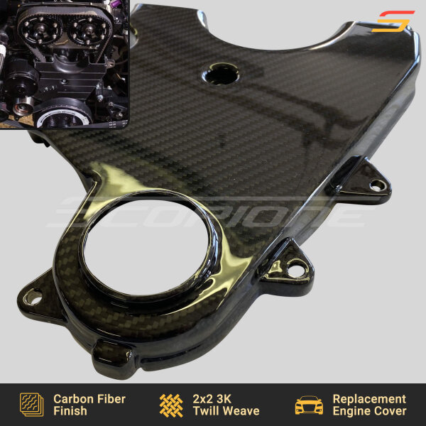 Close-up view of a Toyota Supra MK4 carbon fiber lower timing belt cover by Scopione, designed for 2JZGTE engines with a high-gloss JDM-inspired finish.