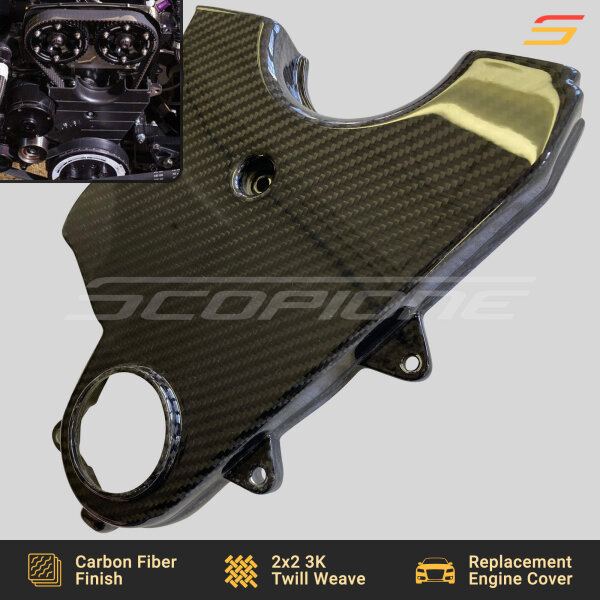 Premium Scopione carbon fiber lower timing belt cover for the Toyota Supra A80 2JZGTE, offering precision fitment, heat resistance, and a performance-driven look.