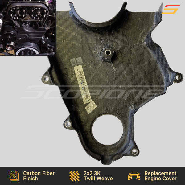 Rear view of the Scopione Toyota Supra MK4 2JZGTE Carbon Fiber Lower Timing Belt Cover, showcasing its precise construction, lightweight carbon fiber material, and mounting points.