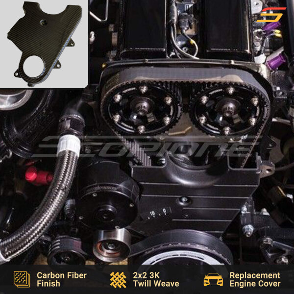 Installed Toyota Supra MK4 2JZGTE Carbon Fiber Lower Timing Belt Cover by Scopione, showcasing its precise fitment, sleek design, and enhanced engine bay aesthetics.