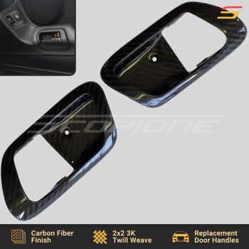 Close-up of Toyota Supra MK4 Carbon Fiber Interior Door Handles Trim, showcasing premium carbon fiber texture and glossy finish.