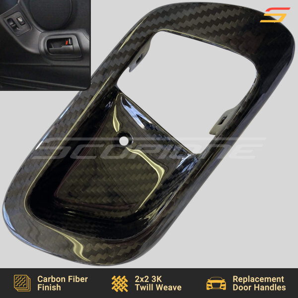 High-resolution close-up of the Toyota Supra MK4 carbon fiber door handle trim, showcasing the premium glossy weave texture.