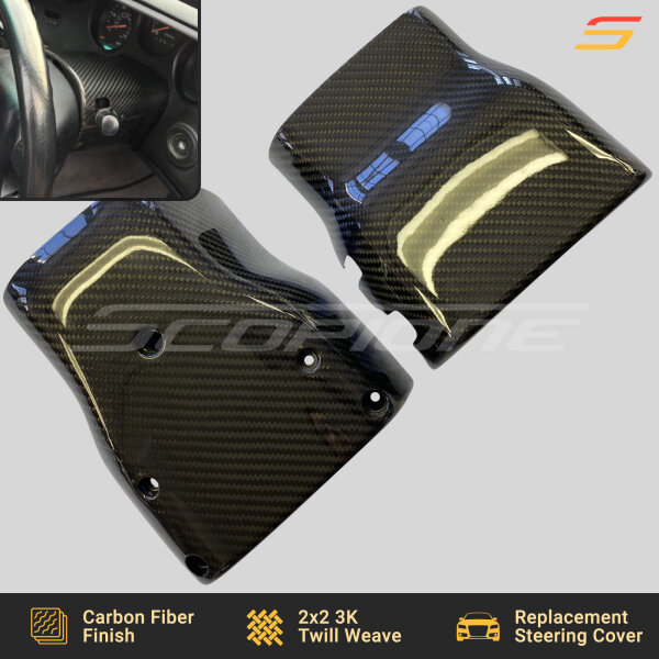 Close-up of the Scopione Carbon Fiber Steering Wheel Column Covers for Toyota Supra MK4 (JZA80, 1993-1998) 2JZGTE, highlighting the precision carbon fiber weave and high-gloss finish.