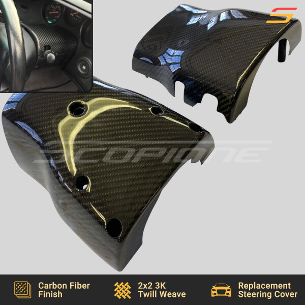 Angled view of the Scopione Carbon Fiber Steering Wheel Column Covers for Toyota Supra MK4 (JZA80, 1993-1998) 2JZGTE, showcasing its precision-molded fitment and high-gloss carbon fiber weave.