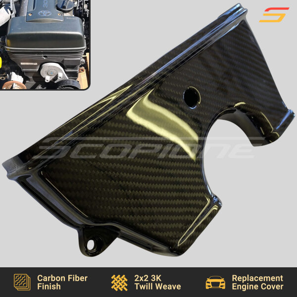 Close-up of the Scopione Carbon Fiber Upper Timing Belt Cover for Toyota Supra MK4 2JZGTE Non-VVTi (JZA80, 1993-1998), showcasing its precise carbon fiber weave and high-gloss finish.