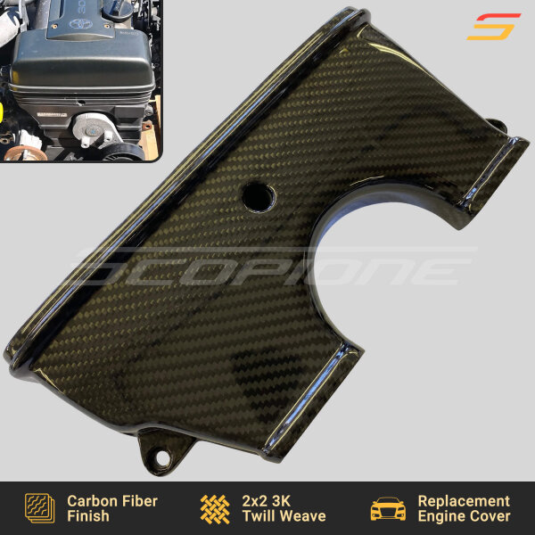 Angled view of the Scopione Carbon Fiber Upper Timing Belt Cover for Toyota Supra MK4 2JZGTE Non-VVTi (JZA80, 1993-1998), showcasing its precision-engineered fitment and high-gloss carbon fiber finish.