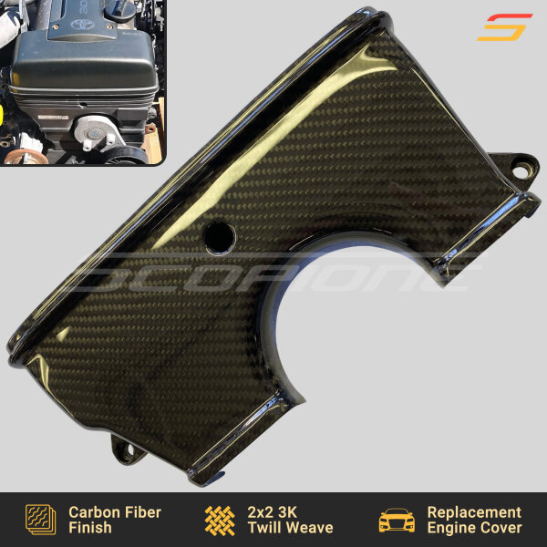 Side profile of the Scopione Carbon Fiber Upper Timing Belt Cover for Toyota Supra MK4 2JZGTE Non-VVTi, highlighting its sleek contour, premium build, and precision fitment.