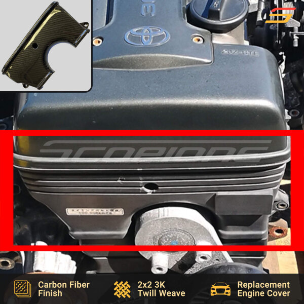 Installed Scopione Carbon Fiber Upper Timing Belt Cover on a Toyota Supra MK4 2JZGTE Non-VVTi engine, displaying seamless fitment and JDM-inspired aesthetics.