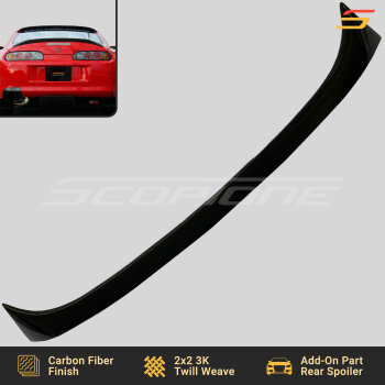 Scopione Carbon Fiber Add-On Rear Trunk Spoiler for Toyota Supra MK4 (JZA80, 1993-1998) 2JZGTE, featuring a high-gloss finish and aerodynamic design.