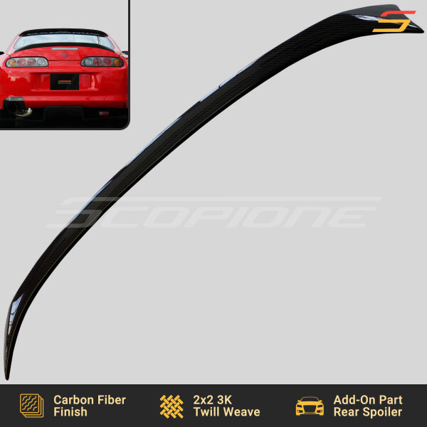 Top-down view of the Scopione Carbon Fiber Add-On Rear Trunk Spoiler for Toyota Supra MK4 (JZA80, 1993-1998) 2JZGTE, displaying flawless carbon fiber weave and contoured aerodynamic styling.