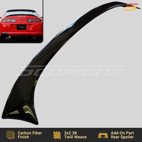 Side profile of the Scopione Carbon Fiber Add-On Rear Trunk Spoiler for Toyota Supra MK4 (JZA80, 1993-1998) 2JZGTE, featuring lightweight carbon fiber construction and race-inspired styling.