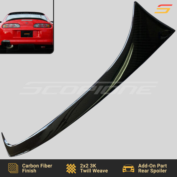 Angled rear view of the Scopione Carbon Fiber Add-On Rear Trunk Spoiler for Toyota Supra MK4 (JZA80, 1993-1998) 2JZGTE, highlighting its sleek aerodynamic design and high-gloss carbon fiber finish.