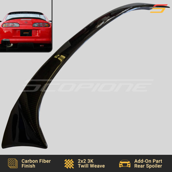 Angled view of the Scopione Carbon Fiber Add-On Rear Trunk Spoiler for Toyota Supra MK4 (JZA80, 1993-1998) 2JZGTE, showcasing its aerodynamic contours and high-gloss finish.