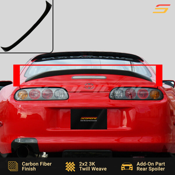 Installed Scopione Carbon Fiber Add-On Rear Trunk Spoiler on a Toyota Supra MK4 (JZA80, 1993-1998) 2JZGTE, featuring perfect OEM fitment and an aggressive JDM stance.