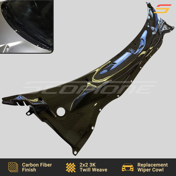 Close-up of the Scopione Carbon Fiber Windshield Wiper Cowl Panel for Toyota Supra MK4 (JZA80, 1993-1998) RHD, highlighting its precision carbon fiber weave and high-gloss finish.