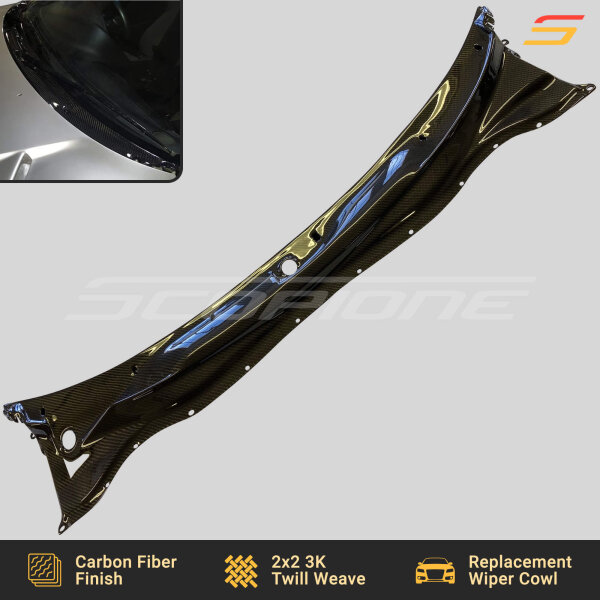 Angled view of the Scopione Carbon Fiber Windshield Wiper Cowl Panel for Toyota Supra MK4 (JZA80, 1993-1998) RHD, showcasing its aerodynamic design and premium carbon fiber weave.