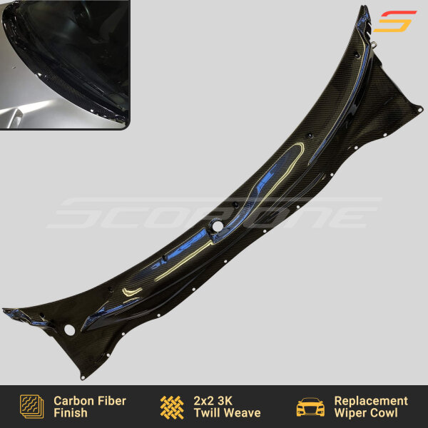 Top profile of the Scopione Carbon Fiber Windshield Wiper Cowl Panel for Toyota Supra MK4 (JZA80, 1993-1998) RHD, featuring a lightweight, high-gloss carbon fiber finish.