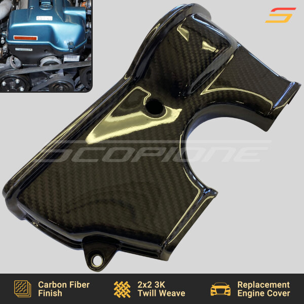 Close-up of the Scopione Carbon Fiber Upper Timing Belt Cover for Toyota Supra MK4 2JZGTE VVTi, showcasing precision-engineered fitment and high-gloss finish.