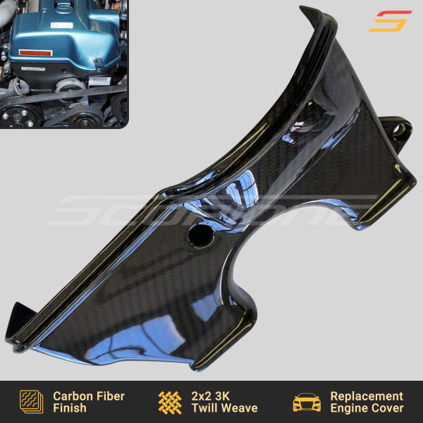 Close-up of the Scopione Carbon Fiber Upper Timing Belt Cover for Toyota Supra MK4 2JZGTE VVTi (JZA80), showcasing lightweight durability and a premium finish.