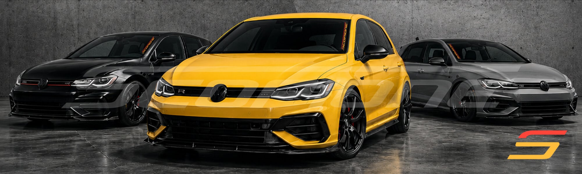 Three Volkswagen Golf hot hatches with carbon fiber accents – promotional lineup