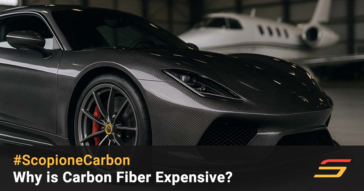 Close-up of a black carbon-fiber sports car with red brake calipers parked in front of a private jet — representing Scopione’s article ‘Why Is Carbon Fiber Expensive?’ highlighting premium materials and luxury performance engineering.